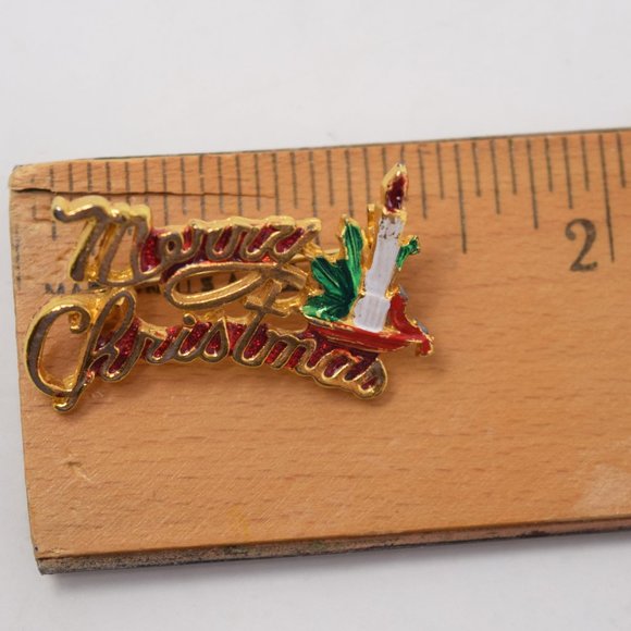 Merry Christmas Brooch Candle Goldtone Holiday Retro Festive Pin Party Office - Picture 5 of 8